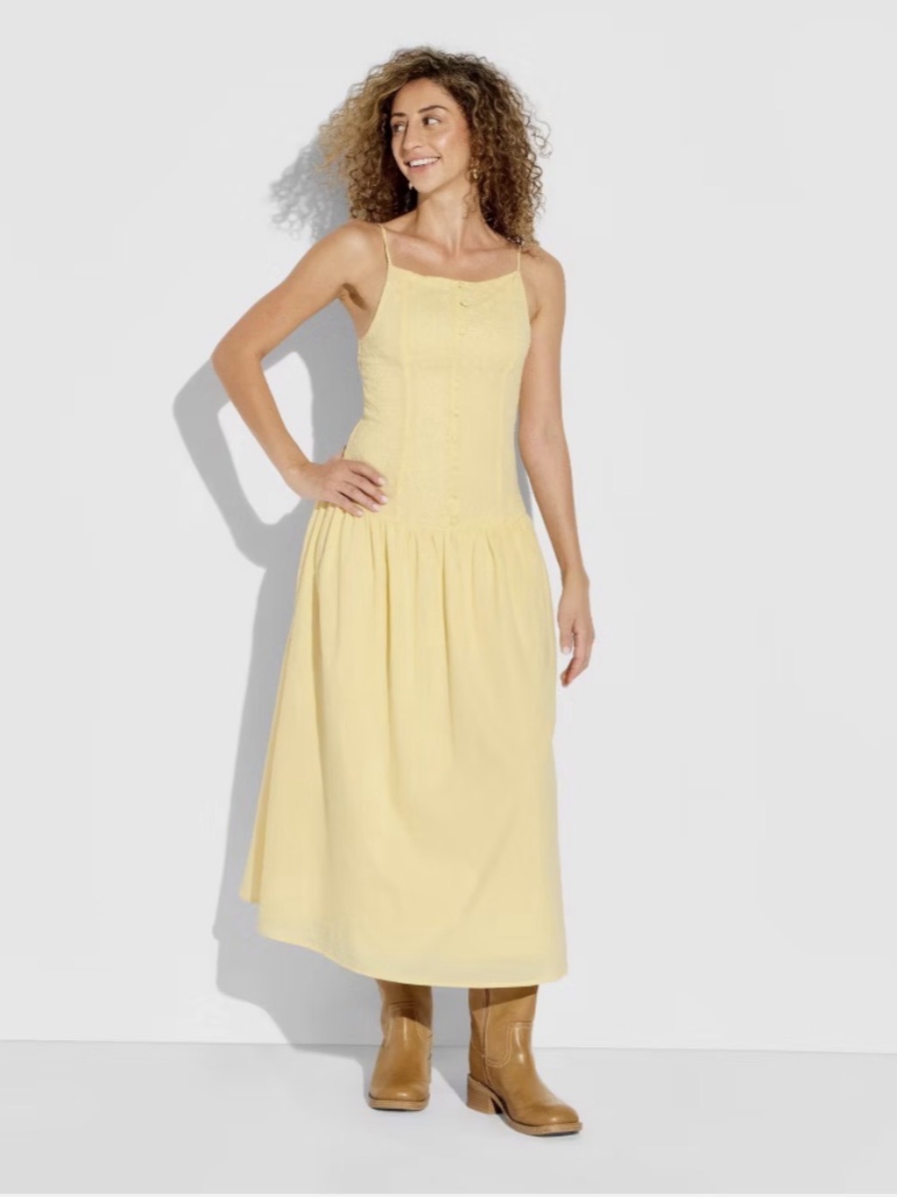 Wild Fable Women‘s High Neck Dropped Waist Midi A-Line Dress Sleeveless Yellow